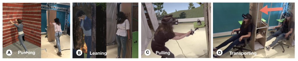 This teaser demonstrates the use of CoVR in four different scenarios. In all these scenarios, the user is wearing the Oculus Rift S Head-Mounted Display. On the first one, the user is pushing on one of CoVR's panels, while its virtual avatar pushes on a brick wall. The second picture shows the user and her avatar leaning. The physical version is leaning over CoVR's panels while the avatar is leaning on a chimney (reference to Harry Potter). The third picture shows the user being pulled by CoVR. The background of the picture shows a park/a forest, and reflects the user's viewpoint in virtual reality. It suggests that the user is flying above this forest. The fourth picture shows the user being transported from one location of the room to another one. An arrow shows the displacement of CoVR.